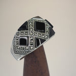 Sterling Silver Black Onyx Pattern Marcasite Ring