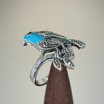 Sterling Silver Hand-Painted Turquoise Bird Marcasite Ring