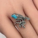 Sterling Silver Hand-Painted Turquoise Bird Marcasite Ring