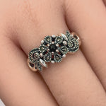 Sterling Silver Nature Inspired Round Black Onyx Marcasite Ring