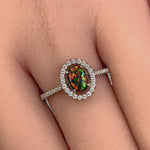 Sterling Silver Black Lab Opal and Clear CZ Oval Halo Ring