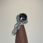 Sterling Silver Round Black Onyx Marcasite Halo Twist Ring