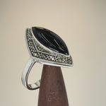 Sterling Silver Marquise Black Onyx Marcasite Ring