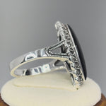 Sterling Silver Black Onyx Diamond Shape Marcasite Ring