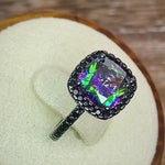 Sterling Silver Black-Rhodium Cushion-Cut Rainbow CZ Ring