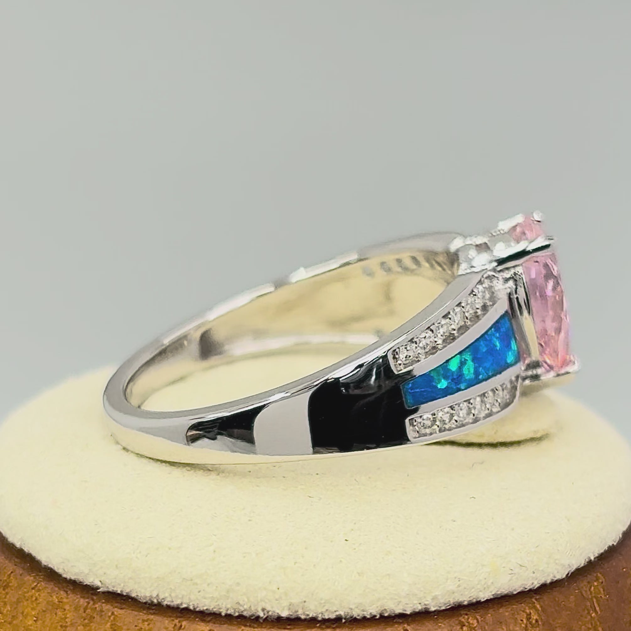Sterling Silver Illustrious Blue Lab Opal & Pink Pear Cut & Clear CZ R