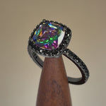 Sterling Silver Black-Rhodium Cushion-Cut Rainbow CZ Ring
