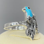 Sterling Silver Hand-Painted Turquoise Bird Marcasite Ring