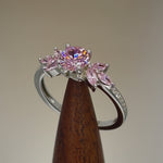 Sterling Silver Flower Leaves Pink CZ Ring