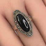 Sterling Silver Black Onyx Oval Marcasite Ring