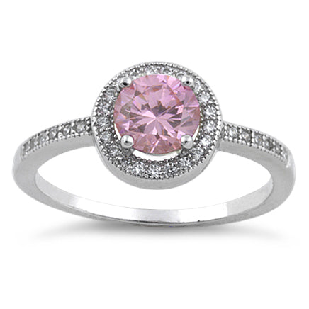 Sterling Silver Pink Round CZ Halo Ring