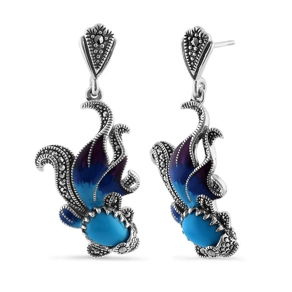 Sterling Silver Simulated Turquoise Fish Ghost Marcasite Earrings
