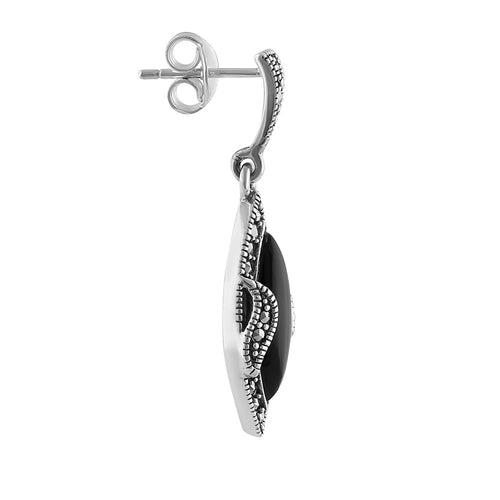 Sterling Silver Black Onyx Marquise Marcasite Earrings