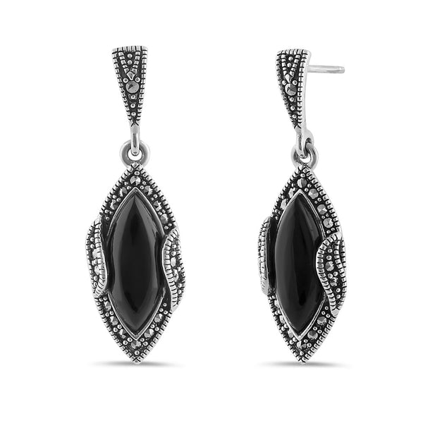 Sterling Silver Black Onyx Marquise Marcasite Earrings