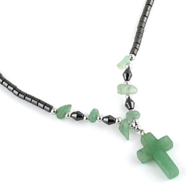 18" Green Aventurine Cross Stone Hematite Necklace