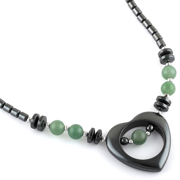 18" Open Heart Green Aventurine Stone Hematite Necklace