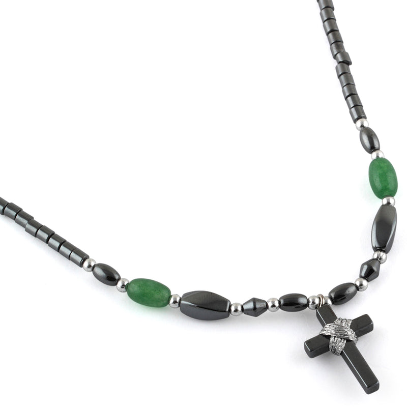 18" Small Cross w/ Green Beads Hematite Necklace