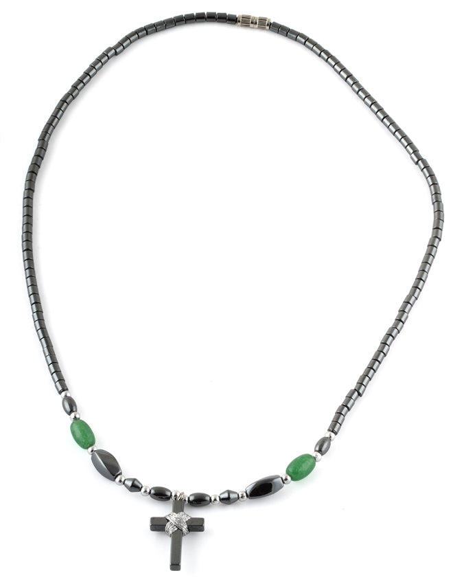 18" Small Cross w/ Green Beads Hematite Necklace
