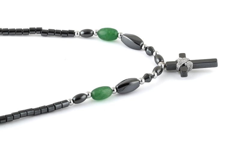 18" Small Cross w/ Green Beads Hematite Necklace