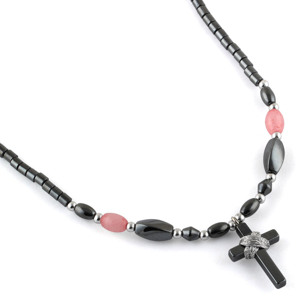 18" Small Cross w/ Pink Beads Hematite Necklace