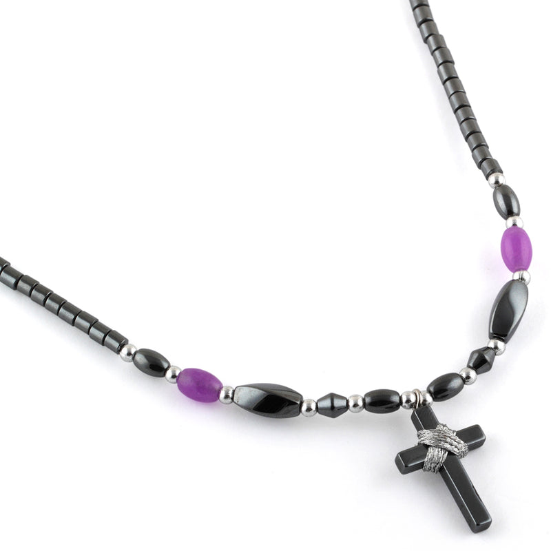 18" Small Cross w/ Purple Beads Hematite Necklace