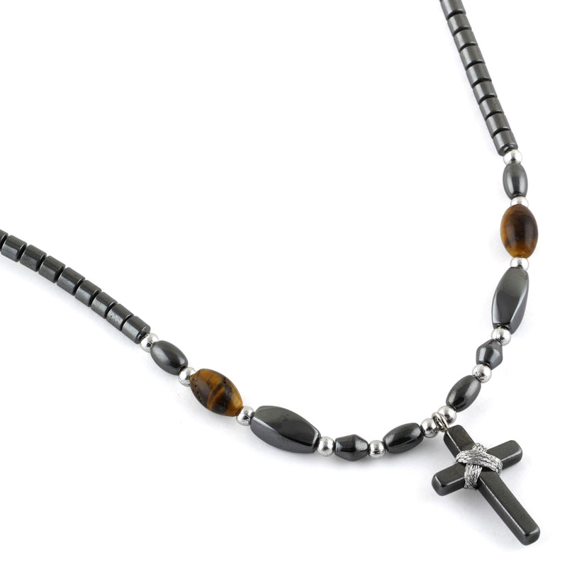 18" Small Cross w/ Tiger Eye Beads Hematite Necklace