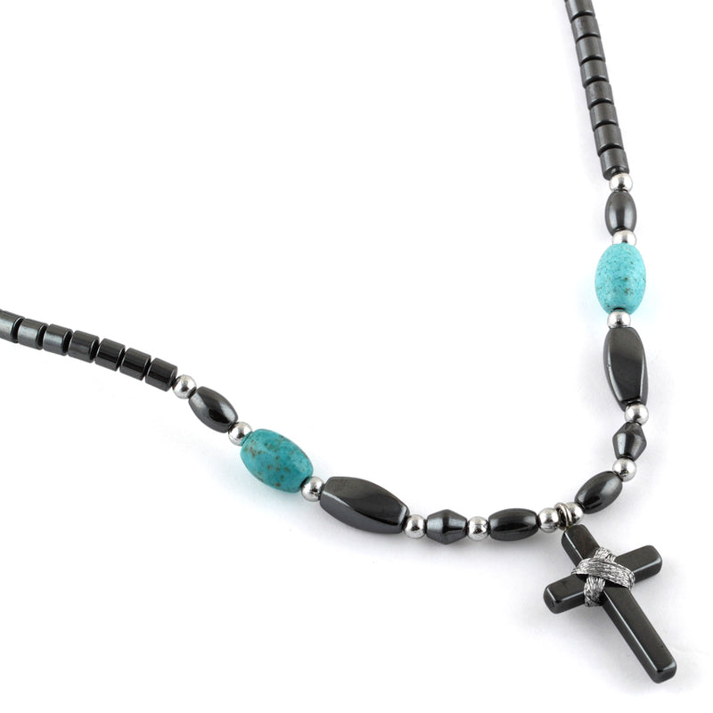 18" Small Cross w/ Turquoise Beads Hematite Necklace