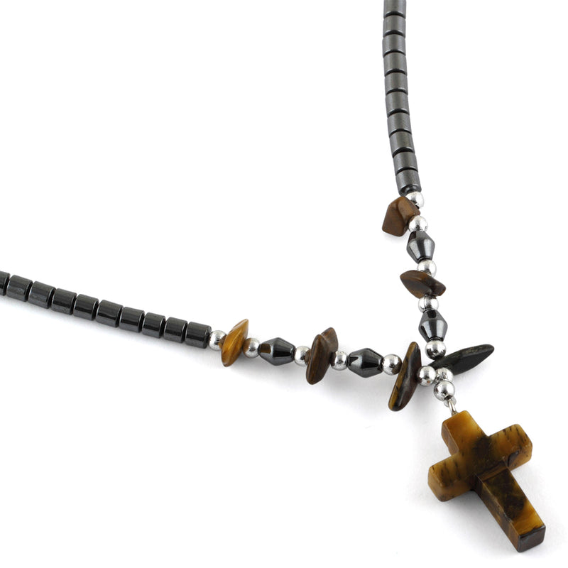 18" Tiger Eye Cross Stone Hematite Necklace