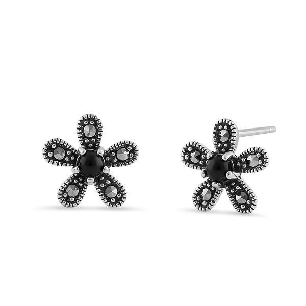 Sterling Silver Black Onyx Flower Marcasite Earrings