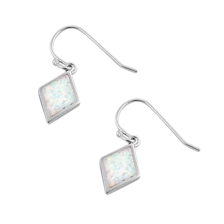 Sterling Silver Dangling Diamond Shaped White Lab Opal Earrings