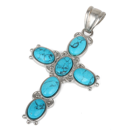 34x52mm Oval Synthetic Turquoise/Matrix Inlay Frame Cross Pendant
