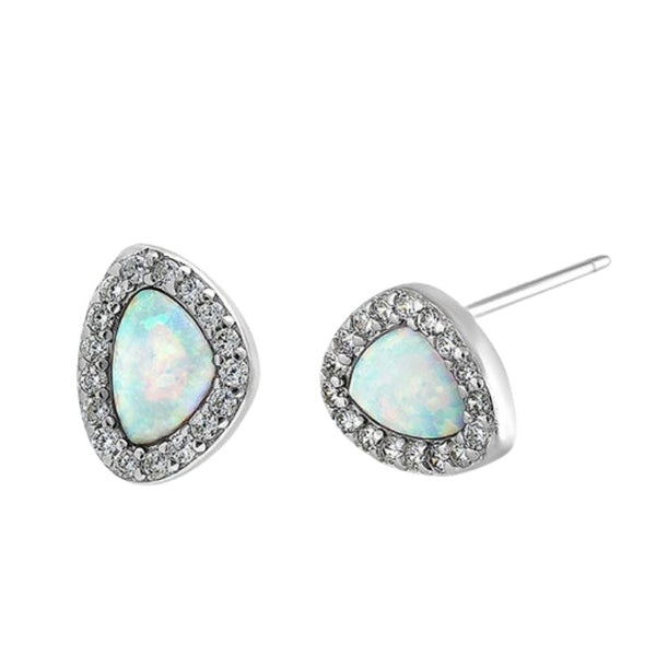 Sterling Silver Small White Lab Opal & Clear CZ Offset Stud Earrings