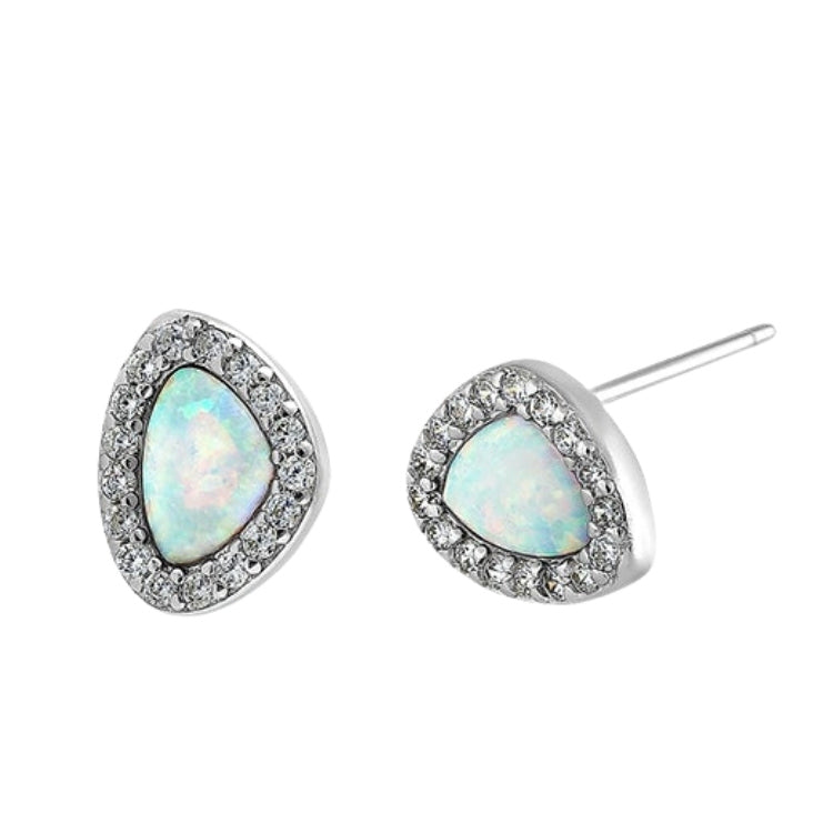 Sterling Silver Small White Lab Opal & Clear CZ Offset Stud Earrings