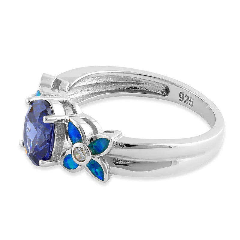 Sterling Silver Tanzanite Center Stone Flower Blue Lab Opal Ring