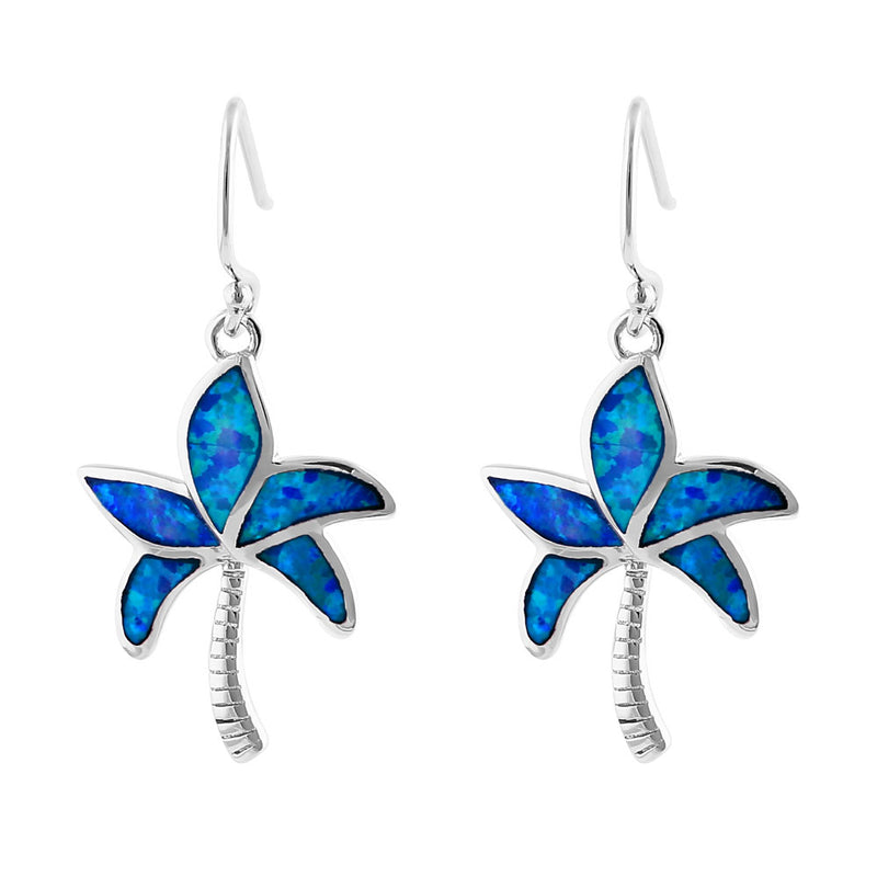 Sterling Silver Blue Opal Palm Tree Hook Earrings