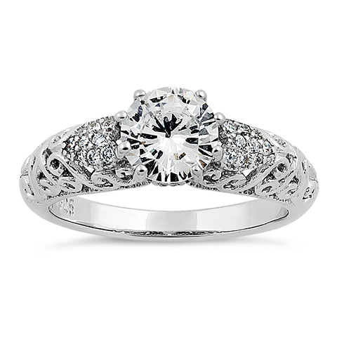 Sterling Silver Majestic Filigree Round Cut CZ Engagement Ring