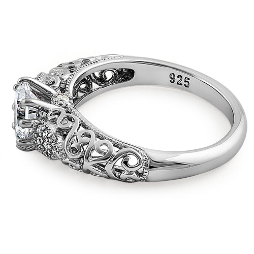 Sterling Silver Majestic Filigree Round Cut CZ Engagement Ring
