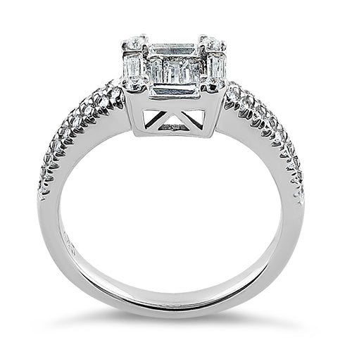 Sterling Silver Baguette Straight & Round Cut Clear CZ Engagement Ring