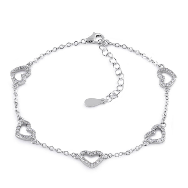 Sterling Silver Clear CZ Heart Charm Bracelet