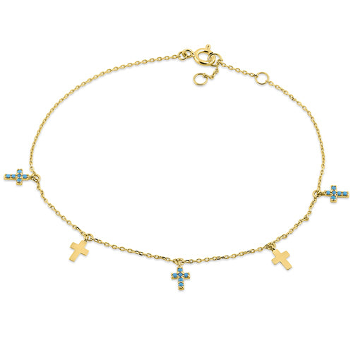 Solid 14K Yellow Gold Turquoise Cross Bracelet