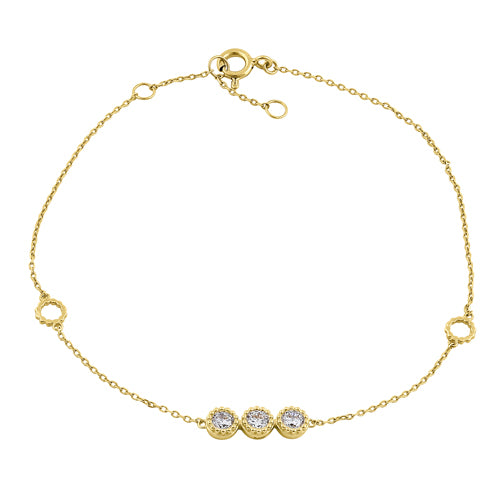 Solid 14K Yellow Gold Triple Round CZ Bracelet