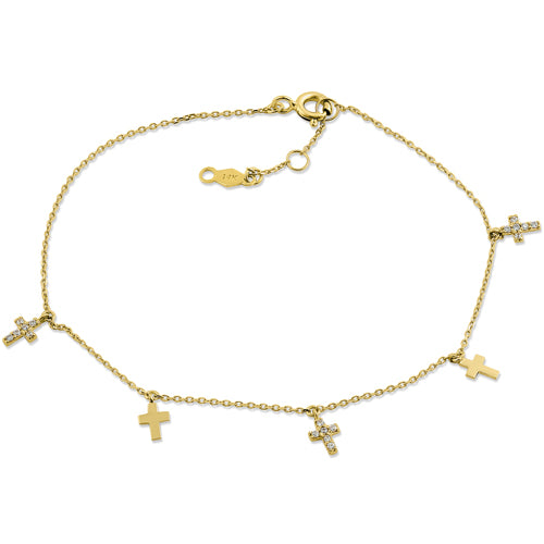 Solid 14K Yellow Gold Cross CZ Bracelet