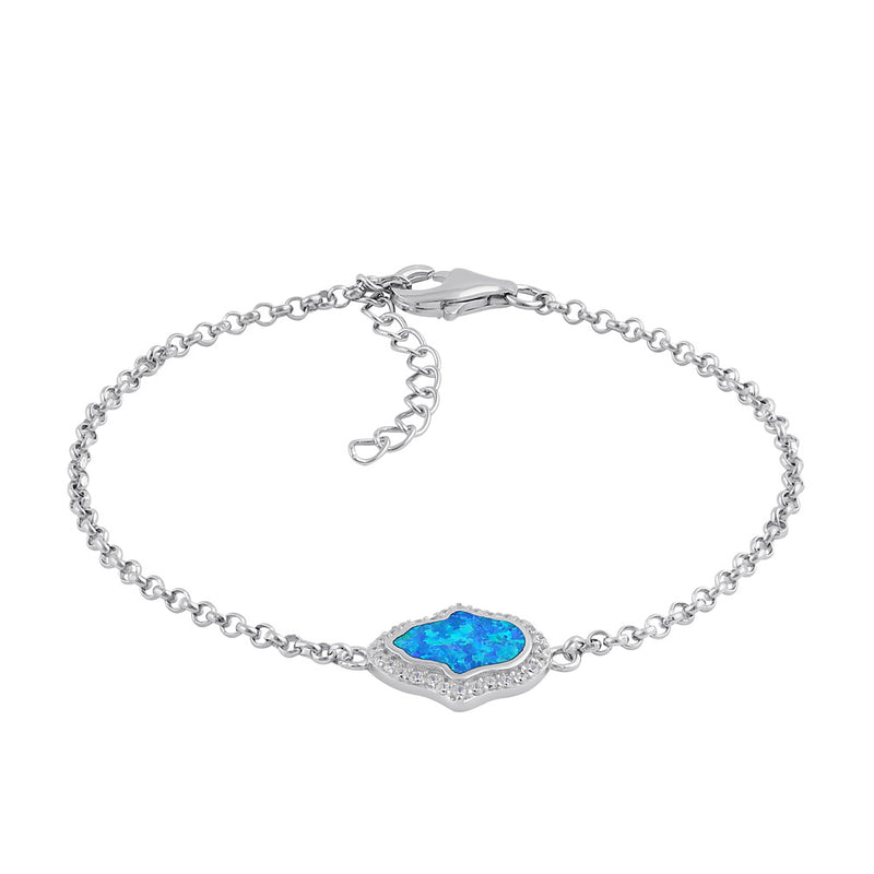 Sterling Silver Clear CZ and Blue Opal Hamsa Bracelet