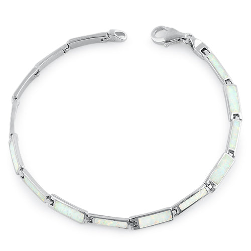 Sterling Silver Rectangular White Lab Opal Bracelet