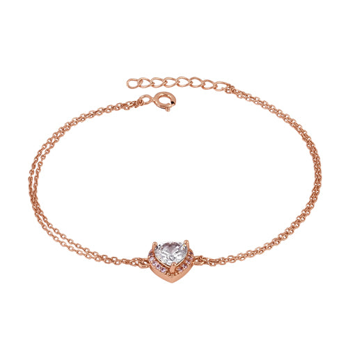 Sterling Silver Clear and Pink CZ Heart Halo Rose Gold Plated Bracelet