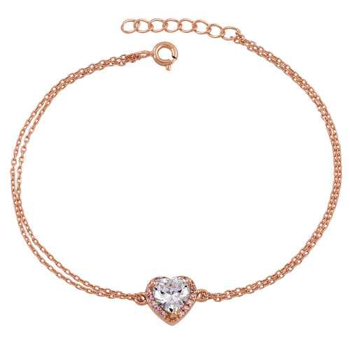 Sterling Silver Clear and Pink CZ Heart Halo Rose Gold Plated Bracelet