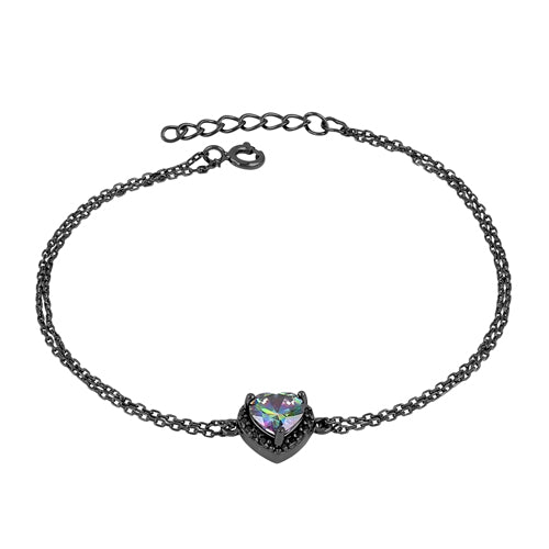 Sterling Silver Rainbow and Black CZ Heart Halo Black Rhodium Plated Bracelet