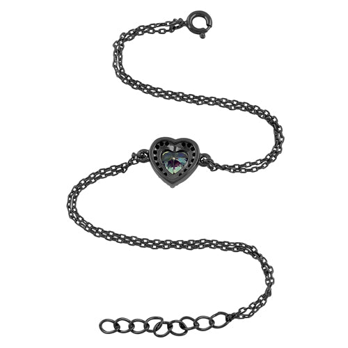 Sterling Silver Rainbow and Black CZ Heart Halo Black Rhodium Plated Bracelet