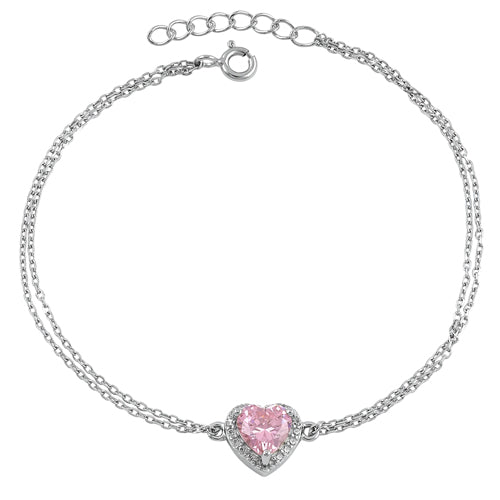 Sterling Silver Pink and Clear CZ Heart Halo Bracelet