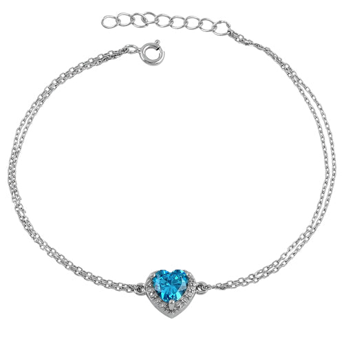 Sterling Silver Blue Topaz and Clear CZ Heart Halo Bracelet